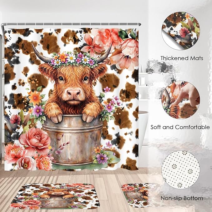 Pamnest 4 Pcs Shower Curtain Sets, Highland Calf Abstract Paw Waterproof Bathroom Sets with Non-Slip Rugs, Toilet Lid Cover and Bath Mat, Accessories Modern Home Bathroom Decor 72" X 72"