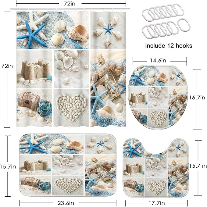 Britimes 4 Piece Shower Curtain Sets, with 12 Hooks, Beach Shell Collage Accessories with Non-Slip Rugs, Toilet Lid Cover and Bath Mat, for Bathroom Decor Set, 72" x 72"