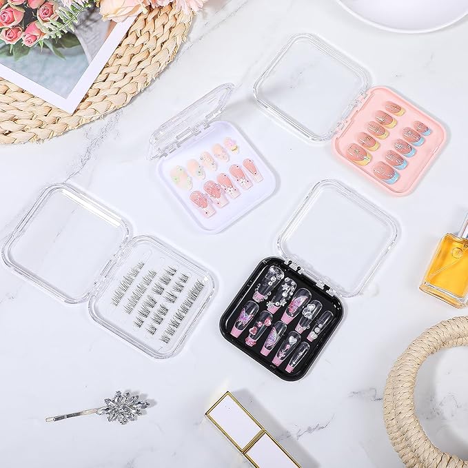 32 Pack Press on Nail Storage Boxes with 60 Adhesive Tapes – Acrylic Nail Organizer for Salon, Travel & Gifting (4 Colors: Pink, Black, White, Clear)