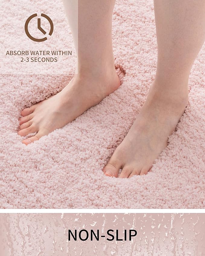 Bathroom Rugs Non Slip Washable 48x24, Ultra Thick Soft Microfiber Absorbent Bath Mats, High Density Foam Latex Non Slip Backing Bath Rugs, Fluffy Floor Carpet for Tub&Shower, Pink