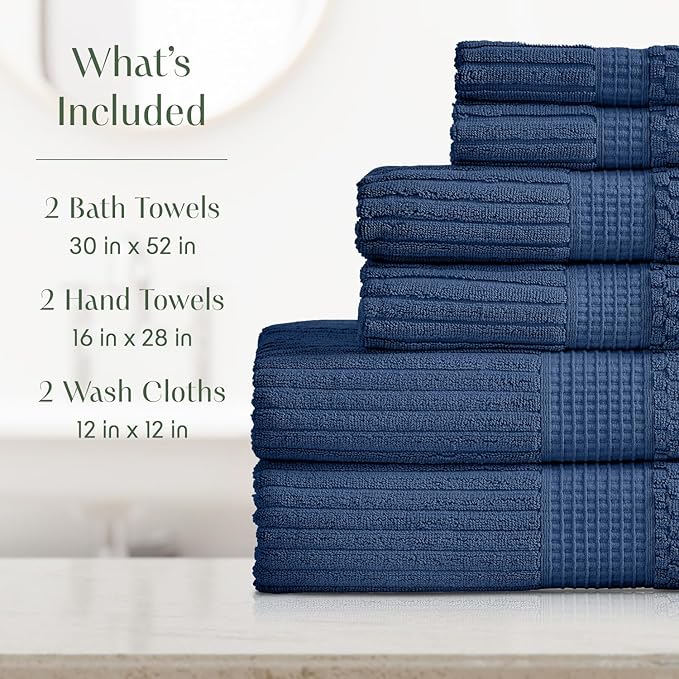 Springtree Home 100% Cotton Bath Towel Set | 6 Piece Set | Absorbent & Quick-Dry Bath Towels | Textured and Durable Cotton | Krista Collection - Navy