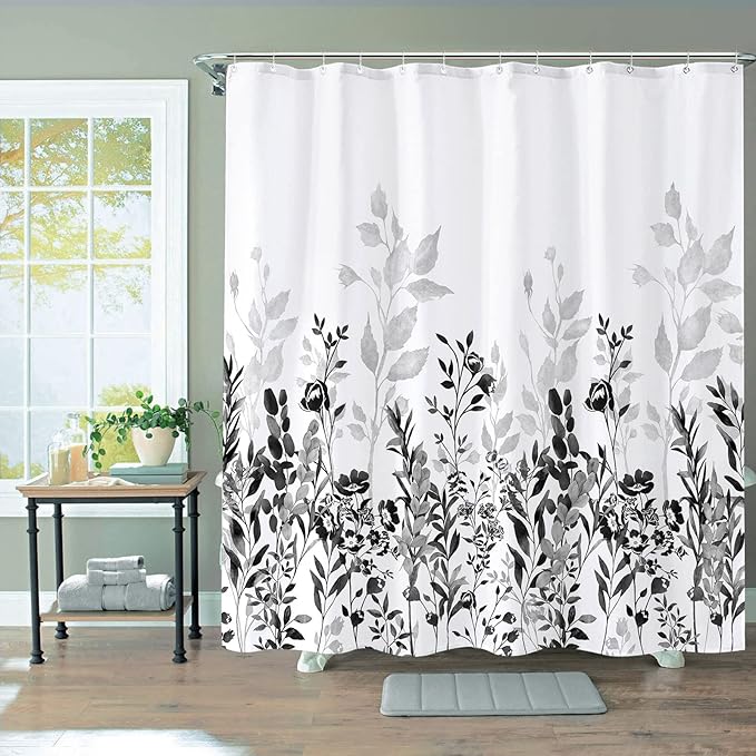 Neasow Black and Grey Shower Curtain, Watercolor Floral Bathroom Curtain Black and White Shower Curtains 72×72 inches