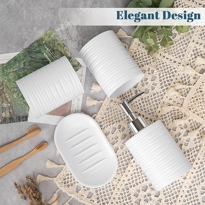 Plastic Bathroom Accessories Set 4Pcs, White Bathroom Accessory Set Includes Liquid Soap Dispenser with Rust-Proof Plastic Pump, 2Pcs Bathroom Cup, Soap Dish for Modern Home Apartment