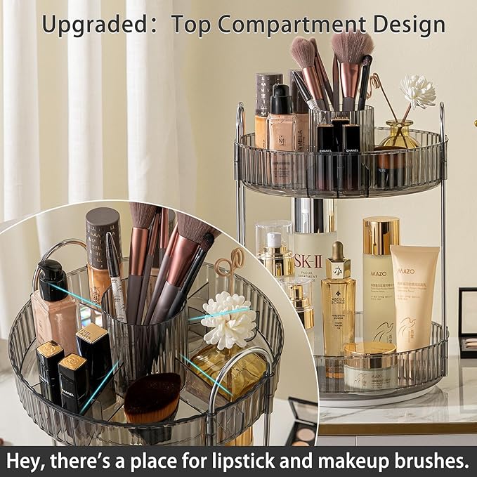 shuang qing Rotating Makeup Organizer for Vanity, High-Capacity Skincare Clear Make Up Storage Perfume Organizers Cosmetic Dresser Organizer Countertop 360 Spinning (Gray, New-2 Tier)
