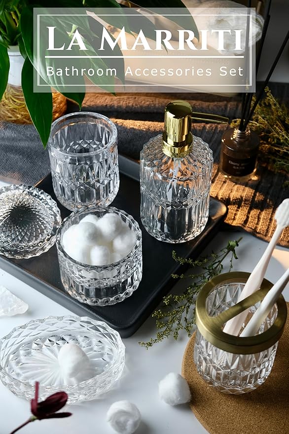 LaMarriti Clear Bathroom Accessories Set, 5pcs Crystal Glass Bathroom Set Accessories, Soap Dispenser, Toothbrush Holder Set, Soap Dish, Tumbler, Qtips Holder for Vintage Bathroom Decor, Gift Set