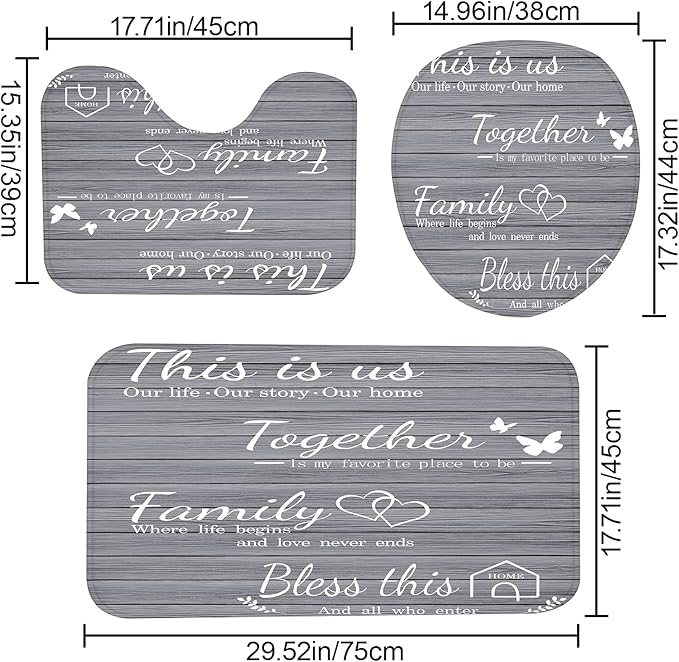 juwute 4Pcs Family Shower Curtain Sets with Non-Slip Rugs, Toilet Lid Cover and Bath Mat, Grey Home Bathroom Decor Set Accessories Waterproof Shower Curtains with 12 Hooks, 72 x 72 Inch