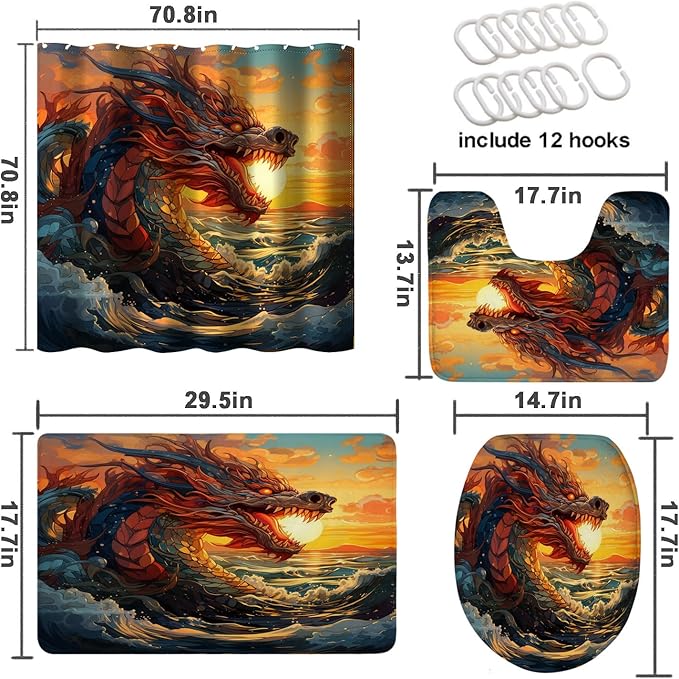 4 Pcs Dragon Shower Curtain Set with Non-Slip Rugs, Toilet Lid Cover and Bath Mat, Japanese Dragon Sea Wave Fantasy Animal Bathroom Shower Curtain with 12 Hooks Accessories Decorative