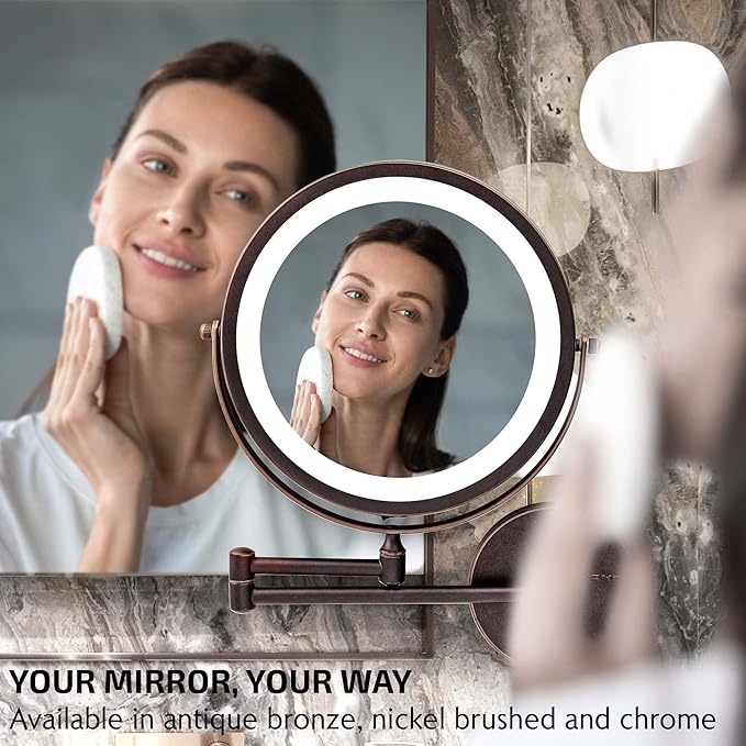 OVENTE 9" Lighted Wall Mount Makeup Mirror with 1X/7X Magnification, Cordless Double Sided Magnifying Round Vanity Mirror, 360° Swivel Design, Extendable and Folding Arm, Antique Bronze MFW85ABZ1X7X