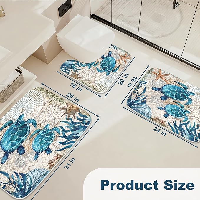 Nautical Sea Turtles Blue Ocean Beach Bathroom Rugs and Mats Sets 3 Piece, Memory Foam Bath Mat, U-Shaped Contour Shower Mat Non Slip Absorbent, Velvet Washable 20 x 31 inch