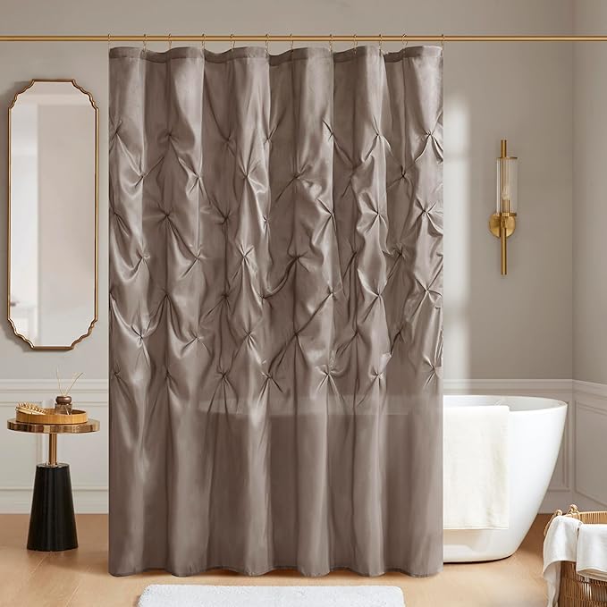 Madison Park Laurel Semi-Sheer Taupe Shower Curtain – Lightweight Faux Silk Fabric, 72x72 in, Light Filtering, Modern Style Bathroom Curtain Textured Tufting Detail Modern Mid-Century Bathroom Decor