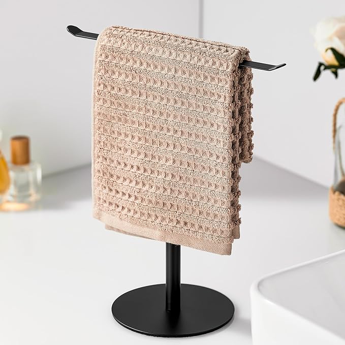 Black Hand Towel Holder Stand ?€? Countertop T-Shaped Stainless Steel Towel Rack with Non-Slip Base for Vanity and Kitchen