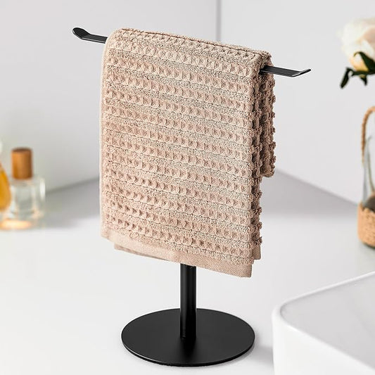 Black Hand Towel Holder Stand – Countertop T-Shaped Stainless Steel Towel Rack with Non-Slip Base for Vanity and Kitchen