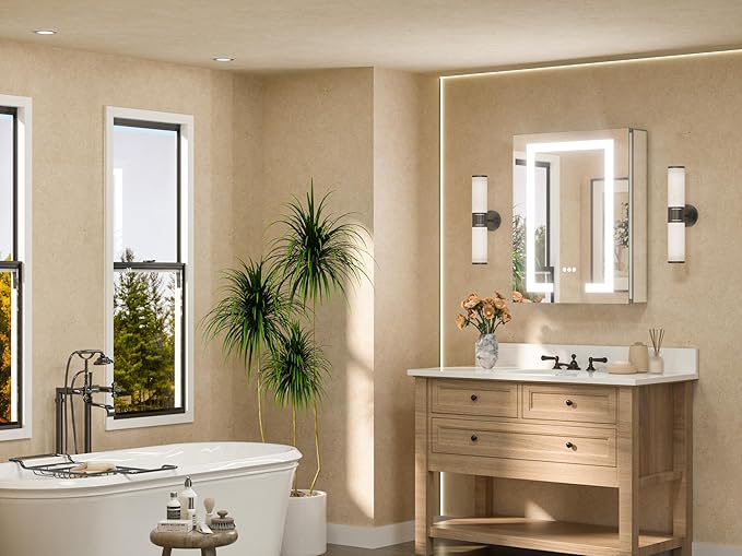 TETOTE LED Lighted Medicine Cabinet Mirror for Bathroom 20 x 26 Tempered Glass Recessed or Wall Mounted Cabinet with Storage & Outlets & USB, 3-Color Dimming Led Lights, Defogger, Adjustable Shelve