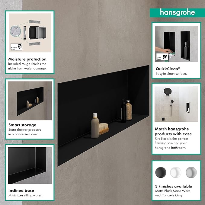 hansgrohe XtraStoris Original Recessed Wall Niche with Integrated Frame 12"x 36"x 4" in Matte Black, 56067670