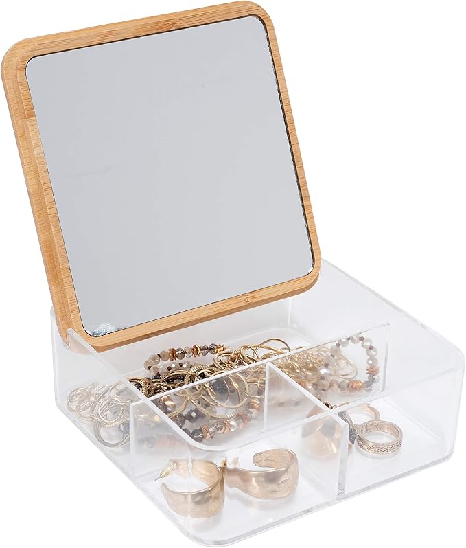 Simplify 3 Compartment Organizer with Bamboo Lid | Mirror | Perfect for Jewelry | Cosmetics | Accessories | Vanity & Countertop | Keepsake Storage Box | Clear