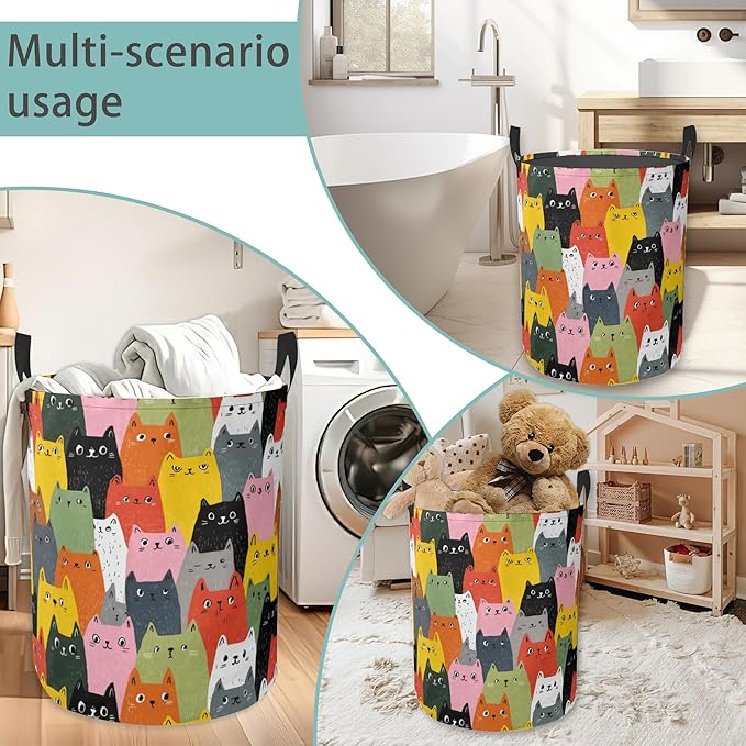 Colorful Cat Laundry Basket With Handles Tote Bag Oxford Cloth Funny Laundry Hamper Clothes Storage Bucket Toy Organizer 16" X 20.8"For Bathroom/Laundry/Bedroom