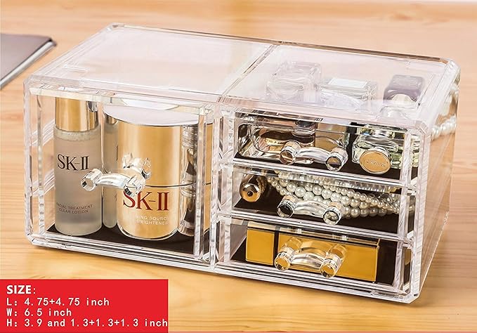 Cq acrylic 3 Pack Clear Make up Organizer Countertop,Stackable 7 Drawers Makeup Storage,Cute Vanity Organizers for dresser Hair Clip,Jewelry,Beauty Product Desk and Bathroom Organizers and Storage