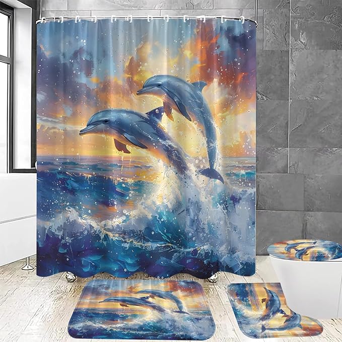 Yizheer 4Pcs Dolphin Shower Curtain Sets,Ocean Scenery Marine Life Sunset Theme Bathroom Curtain with Rugs, Toilet Lid Cover and Bath Mat