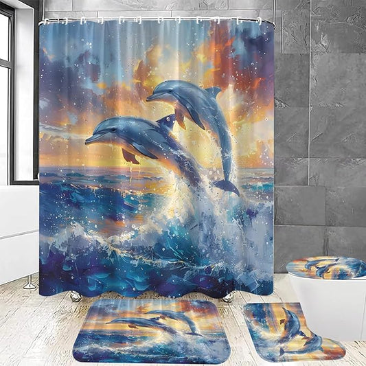 Yizheer 4Pcs Dolphin Shower Curtain Sets,Ocean Scenery Marine Life Sunset Theme Bathroom Curtain with Rugs, Toilet Lid Cover and Bath Mat