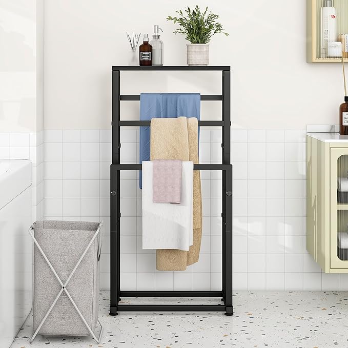 Free Standing Towel Rack for Bathroom, 3 Tier Metal Blanket Rack with Shelf, Blanket Drying and Display Rack for Oversized Bath Towels Bathroom Accessories, Next to Tub or Shower, Black