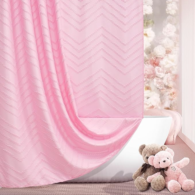 Pink Extra Long Boho Shower Curtain Pink Woven Fabric 78 in Shower Curtain, Tufted Chevron Striped, 72 x 78, Modern Chic Textured Minimalist Cute Shower Curtain for Bathroom