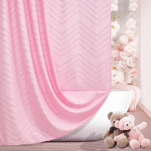 Pink Extra Long Boho Shower Curtain Pink Woven Fabric 78 in Shower Curtain, Tufted Chevron Striped, 72 x 78, Modern Chic Textured Minimalist Cute Shower Curtain for Bathroom