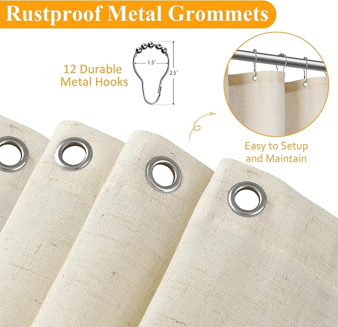 Naturoom Warm Beige Linen Shower Curtain, Country Boho Farmhouse Bath Decor Shower Curtains Neutral Cloth Weighted Textured Fabric Bath Curtain Liner with Hooks, 72x96