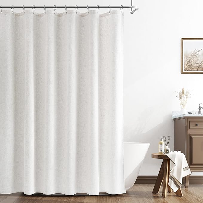 Naturoom Natural Linen Shower Curtain, Country Boho Farmhouse Bath Decor Shower Curtains Neutral Cloth Weighted Textured Fabric Bath Curtain Liner with Hooks, Beige White, 72x84