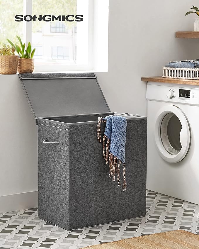 SONGMICS Laundry Basket, Laundry Hamper with 2 Compartments, 37.5 Gal. Foldable Laundry Sorter with Magnetic Lid and Handles, Removable Liner Bag, Dark Gray ULCB002G02