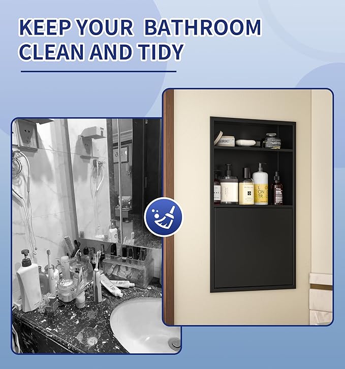 Recessed Medicine Cabinet with Door 24" X 14" Matte Black Wall Medicine Cabinets with 3-Tier Shelf 304 Stainless Steel Niche Shower for Bathroom Storage