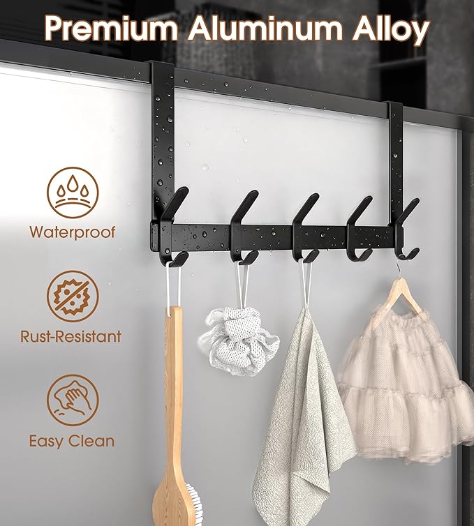 Over The Door Hooks Hanger with 7" Arms for Hanging Heavy Coats, Towel, J7U, Perfectly Fits US Standard 1 3/4-inch Doors, Towel Rack Bathroom Organizer Holder, Rustproof, Black