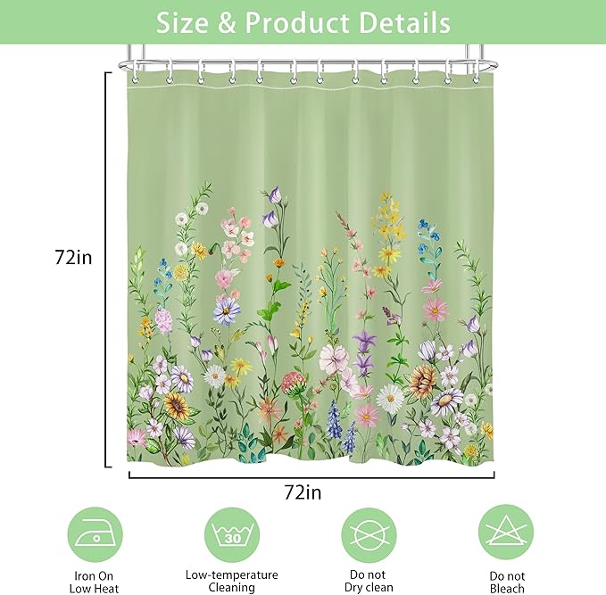 Green Floral Pretty Shower Curtain Flower Wildflower Bathroom Shower Curtain Set Boho Cute Shower Curtains Cloth Fabric Shower Curtain
