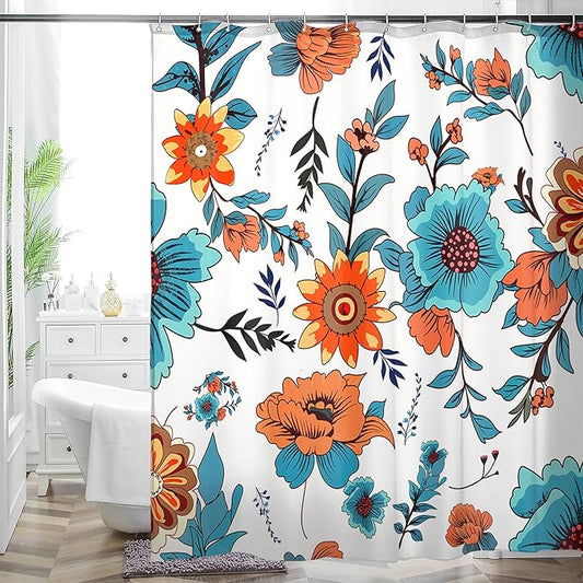 HMS Happy Memories Bohemian Plant Boho Floral Print Shower Curtain, Polyester Fabric Cloth for Bathroom Decor 72×72 Inch Standard Size with 12 Hooks, Also as Room Divider (Blue Red Flower)