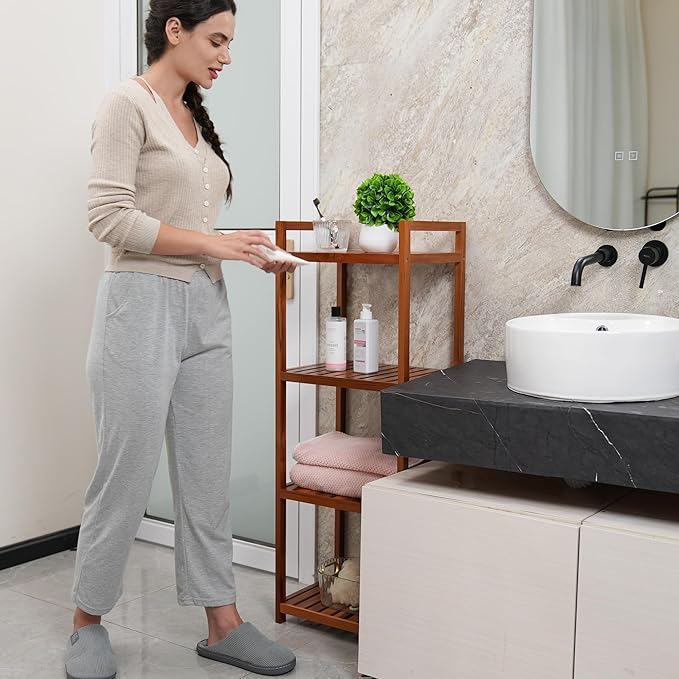 Utoplike Teak Wood Bathroom Shelf Organizer Stand, Standing Shelves Shower Caddy Units, Freestanding 4 Tier Bath Storage for Floor, Kitchen, Office