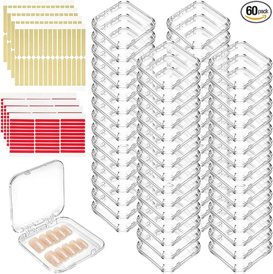 60 Sets Press On Nail Storage Box with Double Sided Adhesive Tapes, 3x3 Inch Clear Artificial Nail Display Case Reusable Nail Packaging Box Organizer for Salon, Technicians, Manicure Enthusiasts