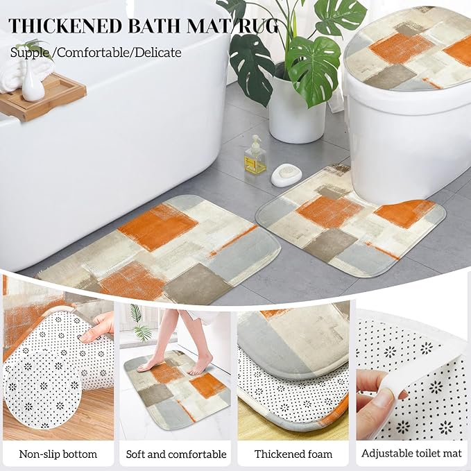 Lnond Orange Bathroom Set, 23-Piece Orange Abstract Bathroom Decor Set with with Shower Curtain and Rugs, Trash Can, Toilet Brush Holder Set & Soap Dispenser