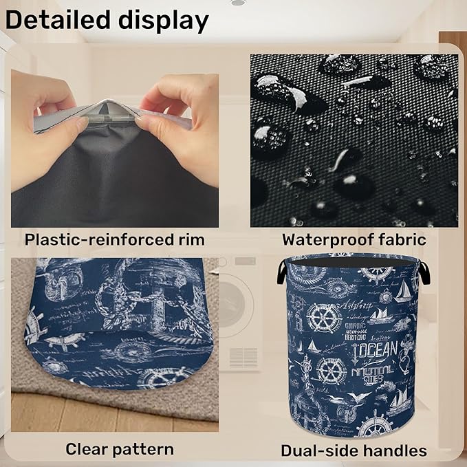 Navy Blue Foldable Laundry Hamper - Waterproof Fabric Storage Basket with Handles, Clothes Hampers for Laundry,Bedroom,Dorm