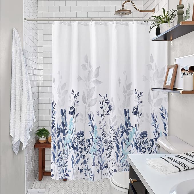 Neasow Blue and Grey Shower Curtain, Watercolor Floral Bathroom Curtain Teal and White 72×72 inches