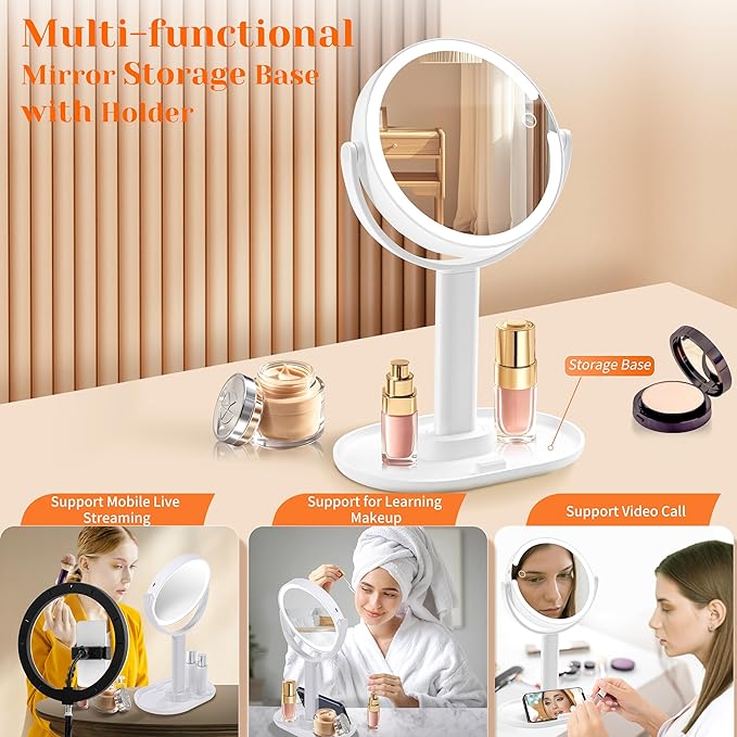 vpu Vanity Makeup Mirror with Lights, 10X/1X Double Sided Magnifying Light up Desk Mirror with Stand Cosmetic Organizer, 3 Color Brightness Adjustable 360° Rotation Detachable for Travel
