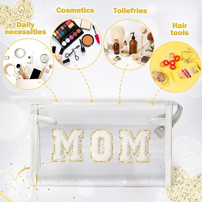 CY2SIDE MOM Clear Makeup Bag - White MOM Letter Patch Cosmetic Bag with Handle for Travel PVC Zipper Clear Travel Bag for Toiletries Waterproof Portable Travel Organizer Case Mother's Day Gift for Mom