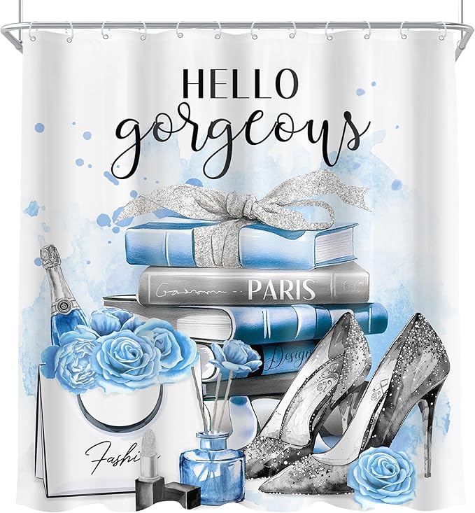 Cinbloo Girly Blue 72Wx72H Shower Curtain Silver Fashion Gray Teal Flower Perfume High Heels Bow Magazine Books Floral Elegant Bathroom Curtain Set Women Girls Bath Bathroom Accessories Decor