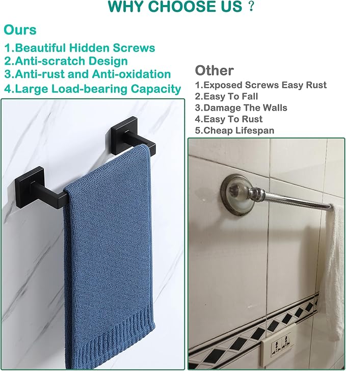 Alise Towel Bar for Bathroom,10'' Towel Holder Towel Racks for Bathroom Wall Mount,SUS304 Stainless Steel Towel Rail Towel Hanger for Wall,Matte Black