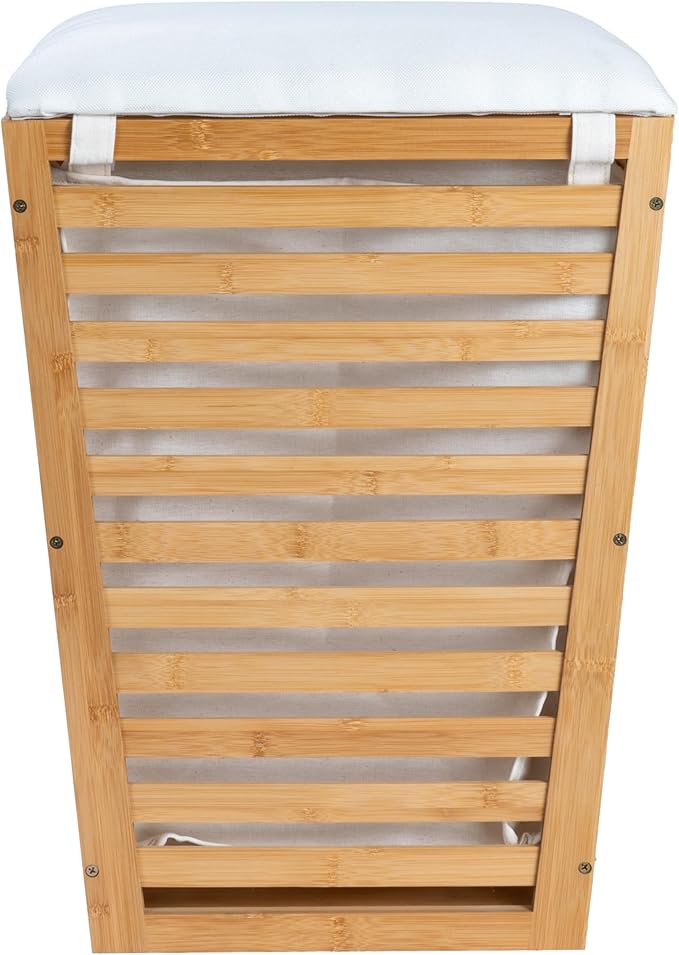 Household Essentials Slatted Natural Bamboo Hamper with Cushioned Lid and Removable Cotton Bag, Natural