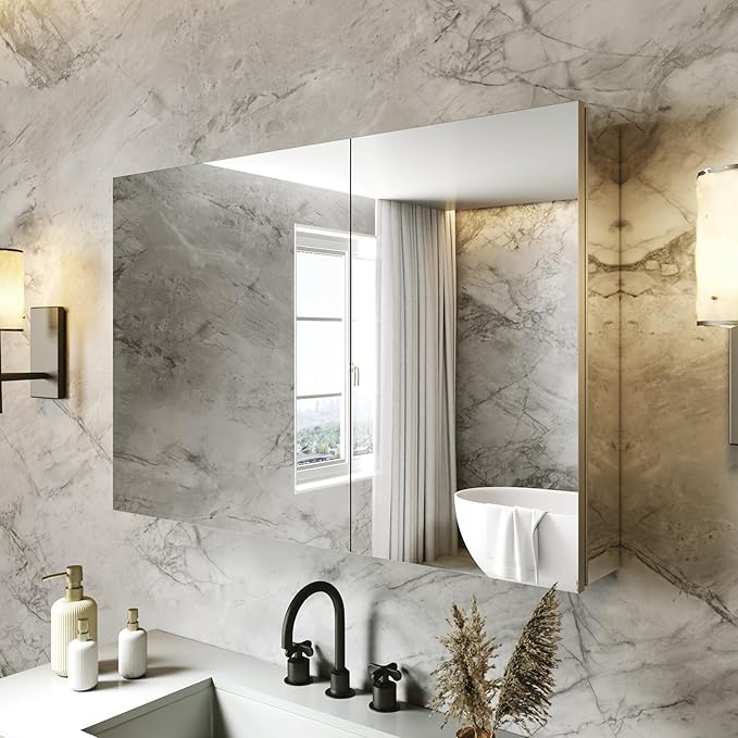 36x24 Bathroom Medicine Cabinet with Mirror,Aluminum Alloy Frame with Mirror Side Panels,Surface or Recessed Medicine Cabinet with Adjustable Shelves,Assembly Required
