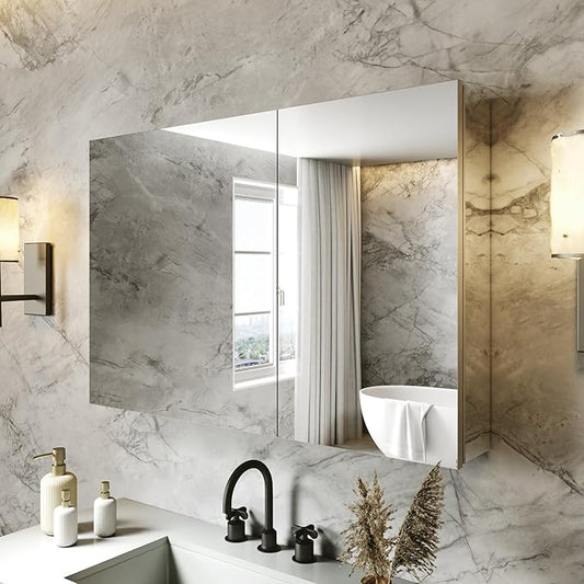36x24 Bathroom Medicine Cabinet with Mirror,Aluminum Alloy Frame with Mirror Side Panels,Surface or Recessed Medicine Cabinet with Adjustable Shelves,Assembly Required