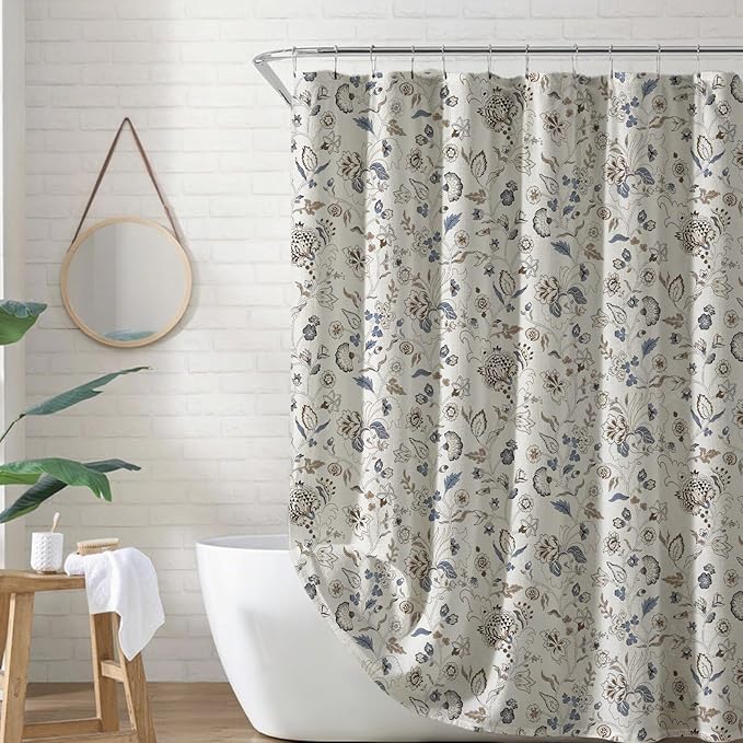 MUGINYU Vintage Farmhouse Linen Shower Curtain,Botanical Floral Toile Shower Curtain,Colorful Leaves Bath Curtains Shower,Boho Flower Plant Neutral Bathroom Decor (Vintage Flower Blue)