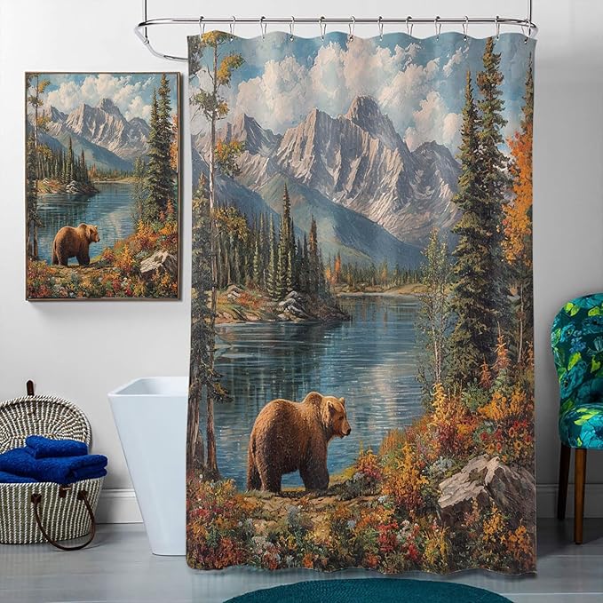 4 Pcs Rustic Bear Shower Curtain Set with Rugs,Toilet Lid Cover, Bath Mat, Lake Country Lodge Cabin Farmhouse Camp Woodland Shower Curtain with 12 Hooks, Durable Bathroom Decor Set