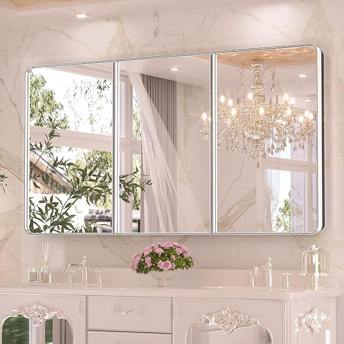 Keonjinn 60 x 32 Inch Large Chrome Medicine Cabinets, Recessed Bathroom Medicine Cabinet, Elegant Stainless Steel Framed, Sturdy & Heavy, Stepless Adjustable Shelves, DTC Hinges, Soft Closing, Modern
