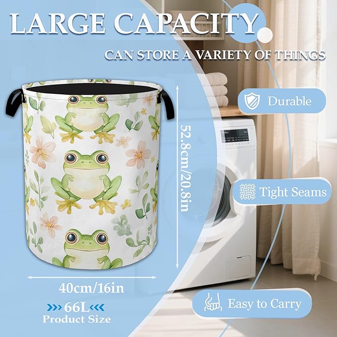 Cartoon Frog Flowers Laundry Hamper Collapsible Laundry Basket Portable Clothes Toy Storage Bin for Bathroom Bedroom Room Decor 16 X 20.8 Inch