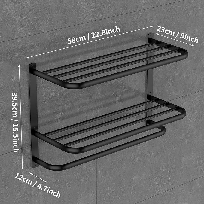 CAXIMSY 22.8Inch Towel Rack for Bathroom and Lavatory Towel Hanger with Wall Mount Towel Bars 304 Stainless Steel No Drill Tower Holder Shelf (3 Layers Black Towel Rack)